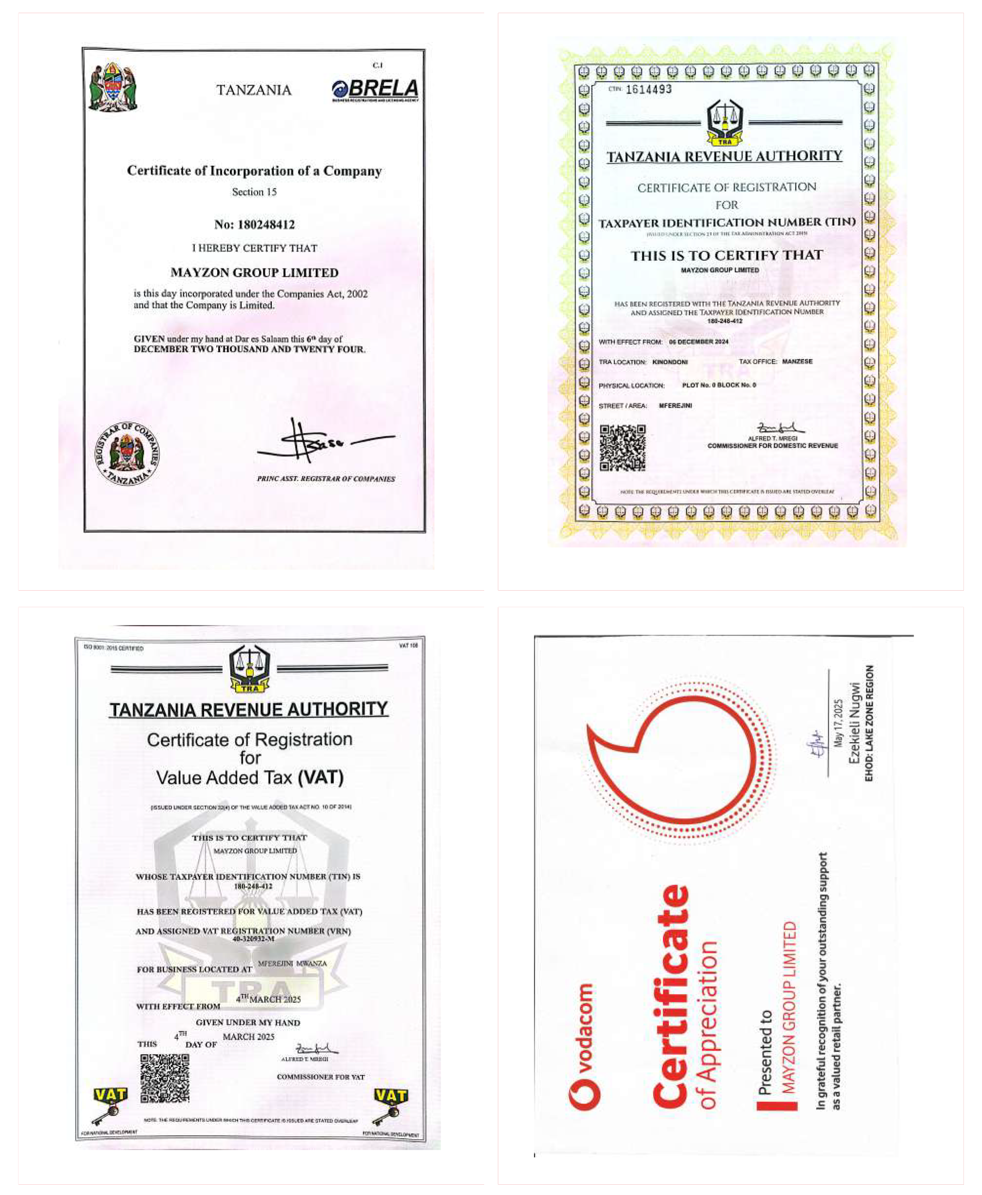 Mayzon Group Limited certificates and registrations image one